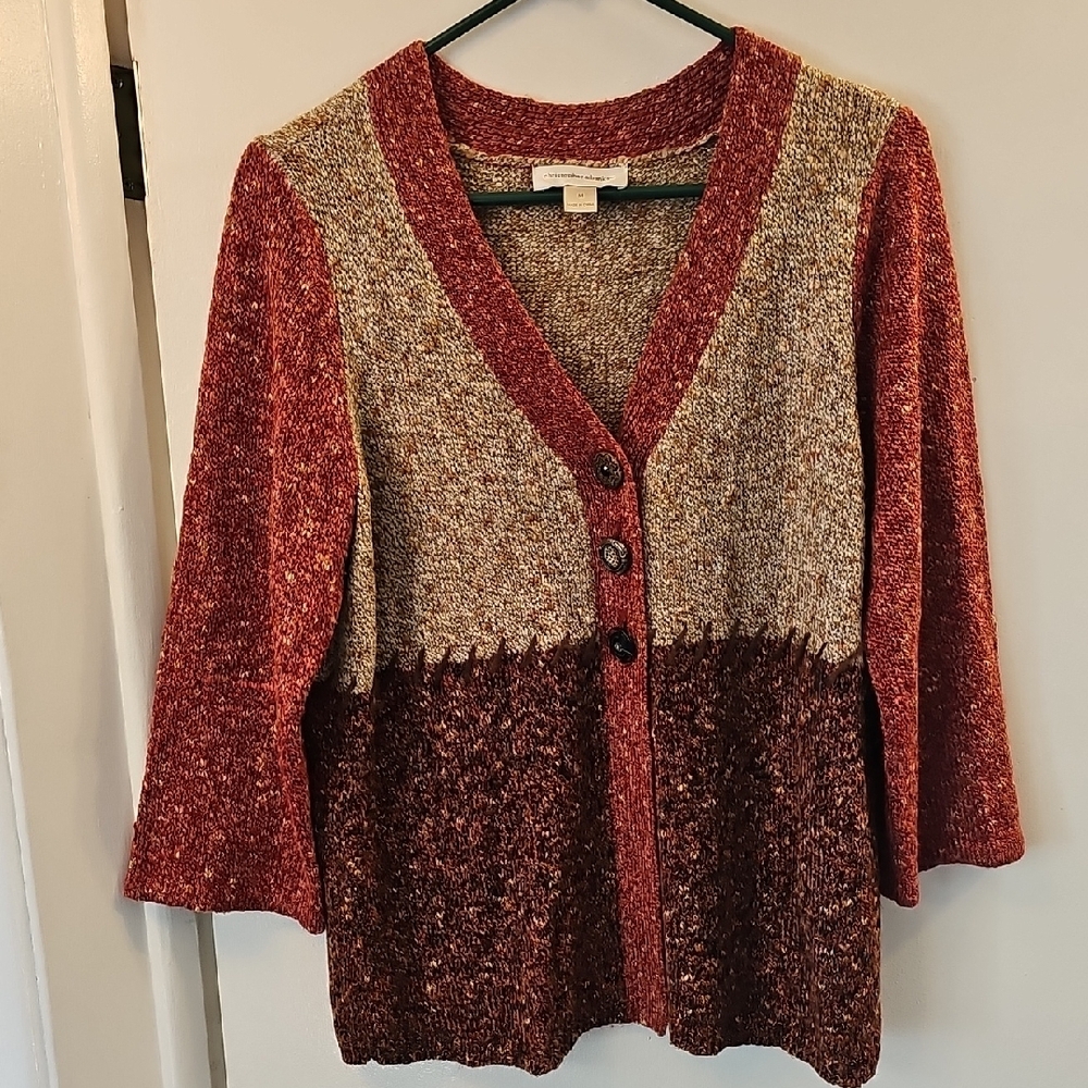 Women's Red and Brown Button-Up Sweater